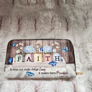 FAITH Zip Wallet with Blue Butterfly Floral Print